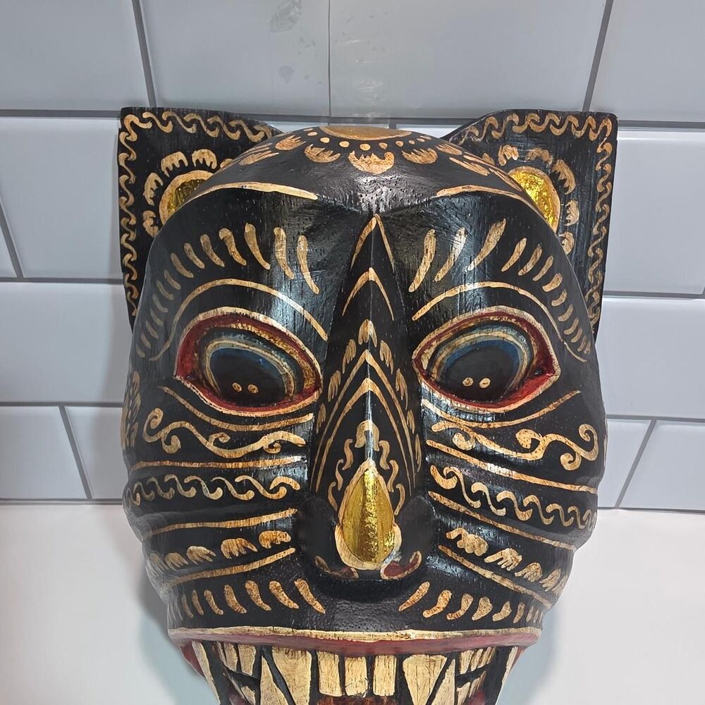 Balinese Black Demon Cat Wood Mask Hand Carved